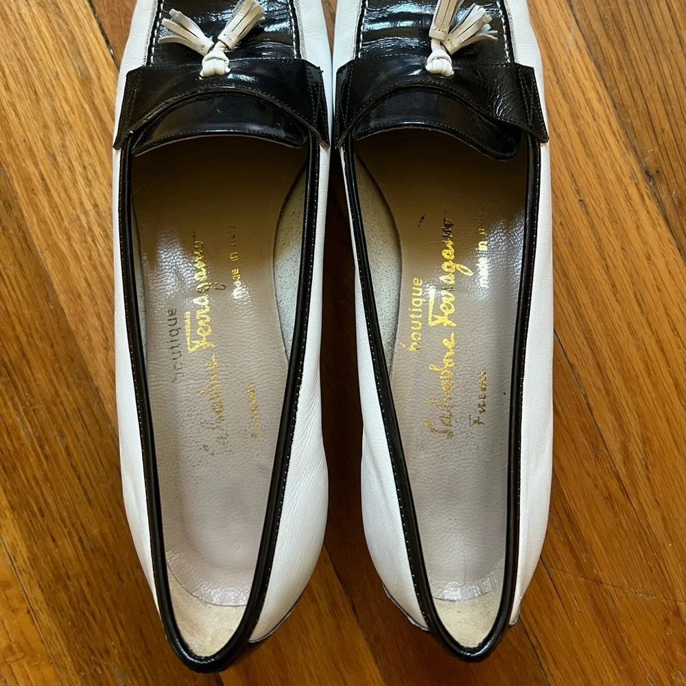 Ferragamo Tassel Loafers, Black & White Flats